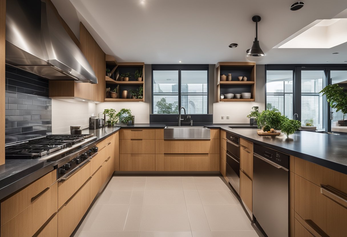 A spacious kitchen with ample counter space, storage, and efficient workflow. Well-lit with natural light and equipped with modern appliances