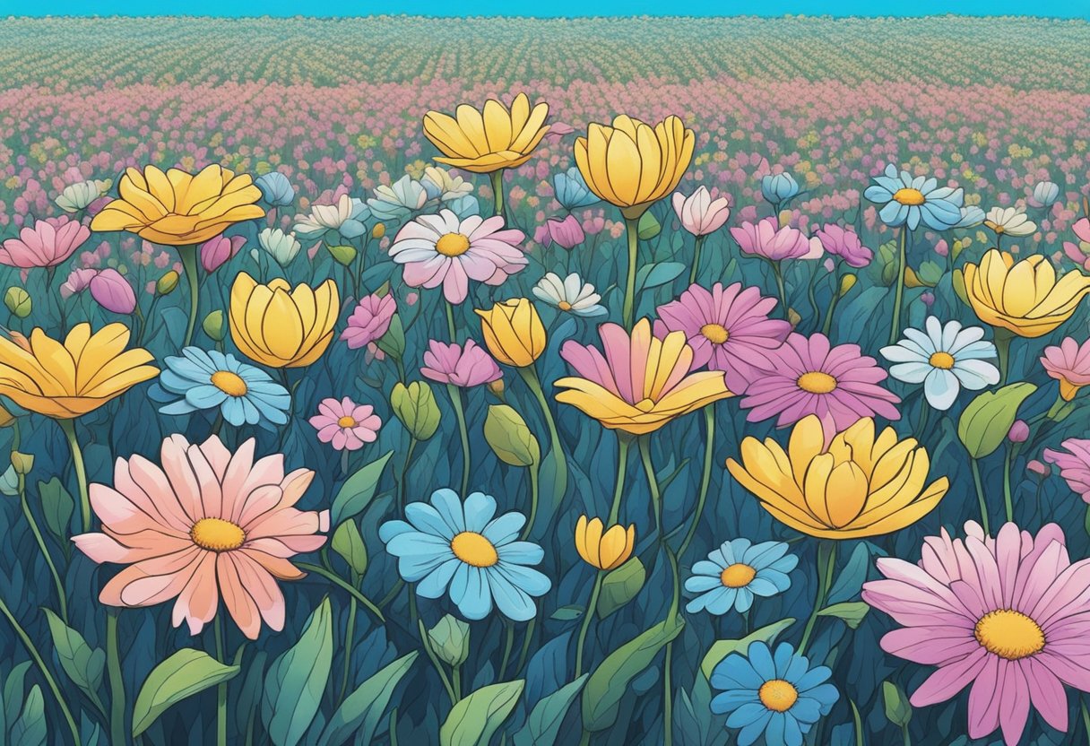 A field of pastel-colored flowers swaying in the breeze under a clear blue sky