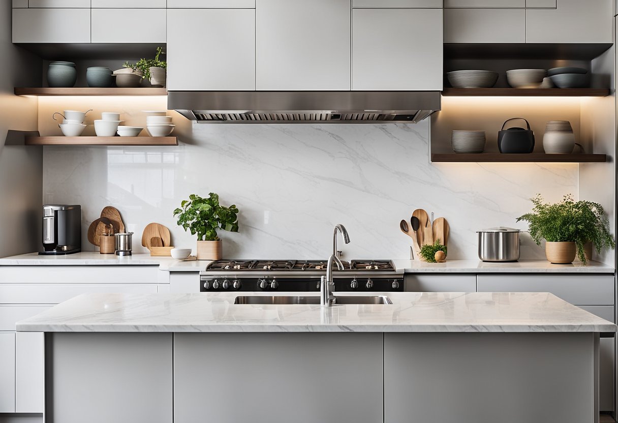 A modern kitchen with clean lines, stainless steel appliances, and a minimalist color palette. The countertops are made of sleek, white marble, and the cabinets are handle-less for a seamless look
