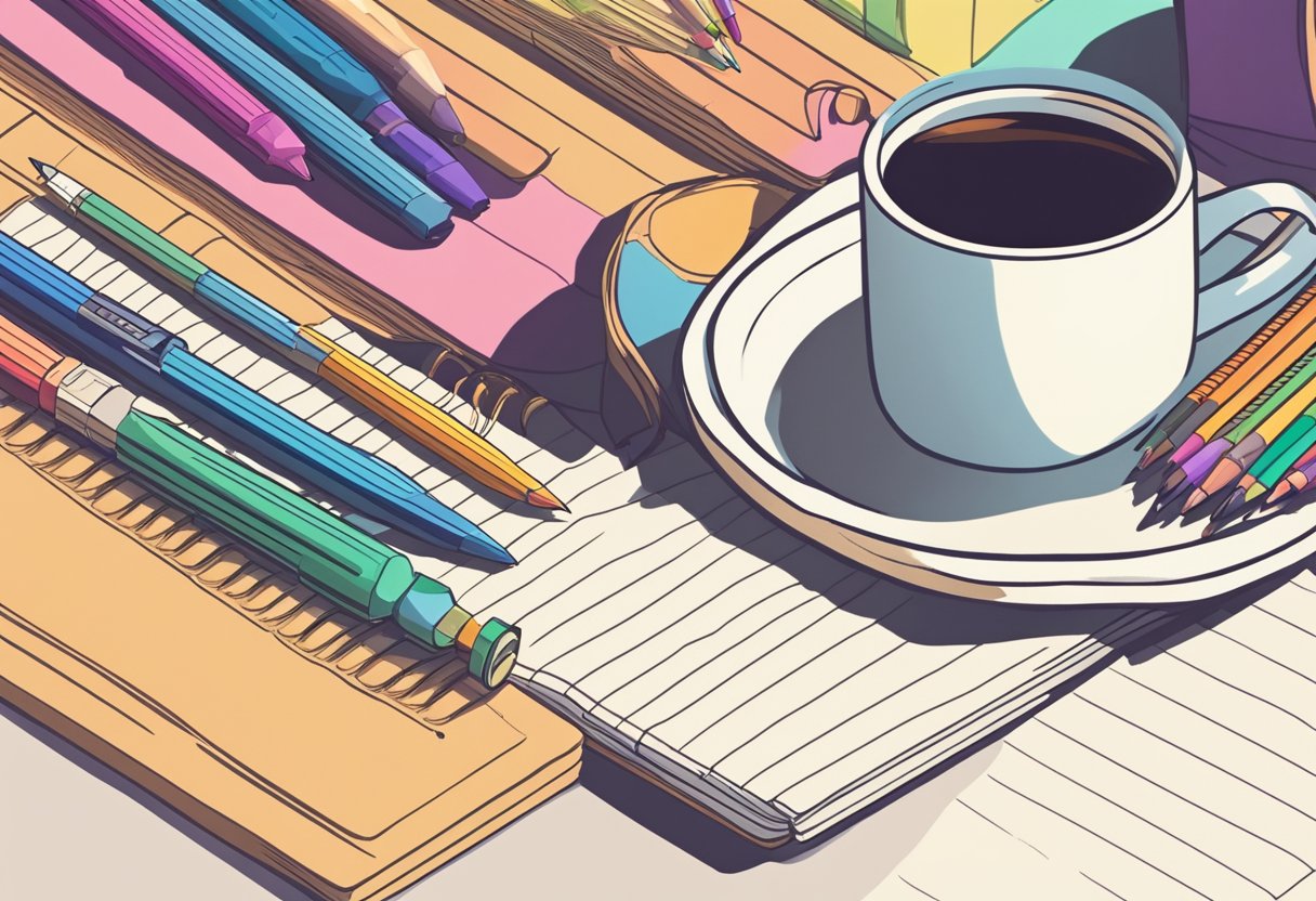 A blank notebook surrounded by colorful pens and pencils, with a cup of tea and a cozy blanket nearby