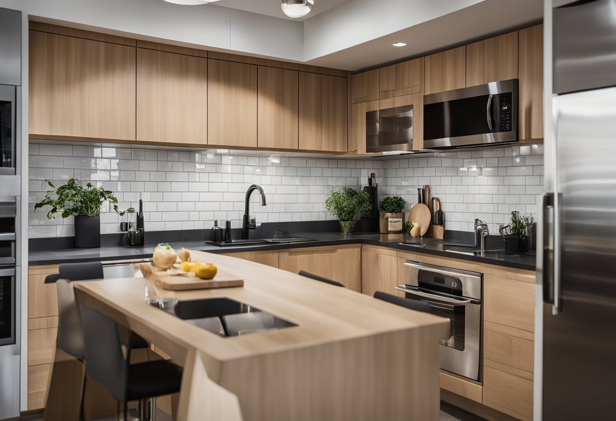 A kitchen with labeled design rules on the wall. Clear, concise, and visually appealing layout