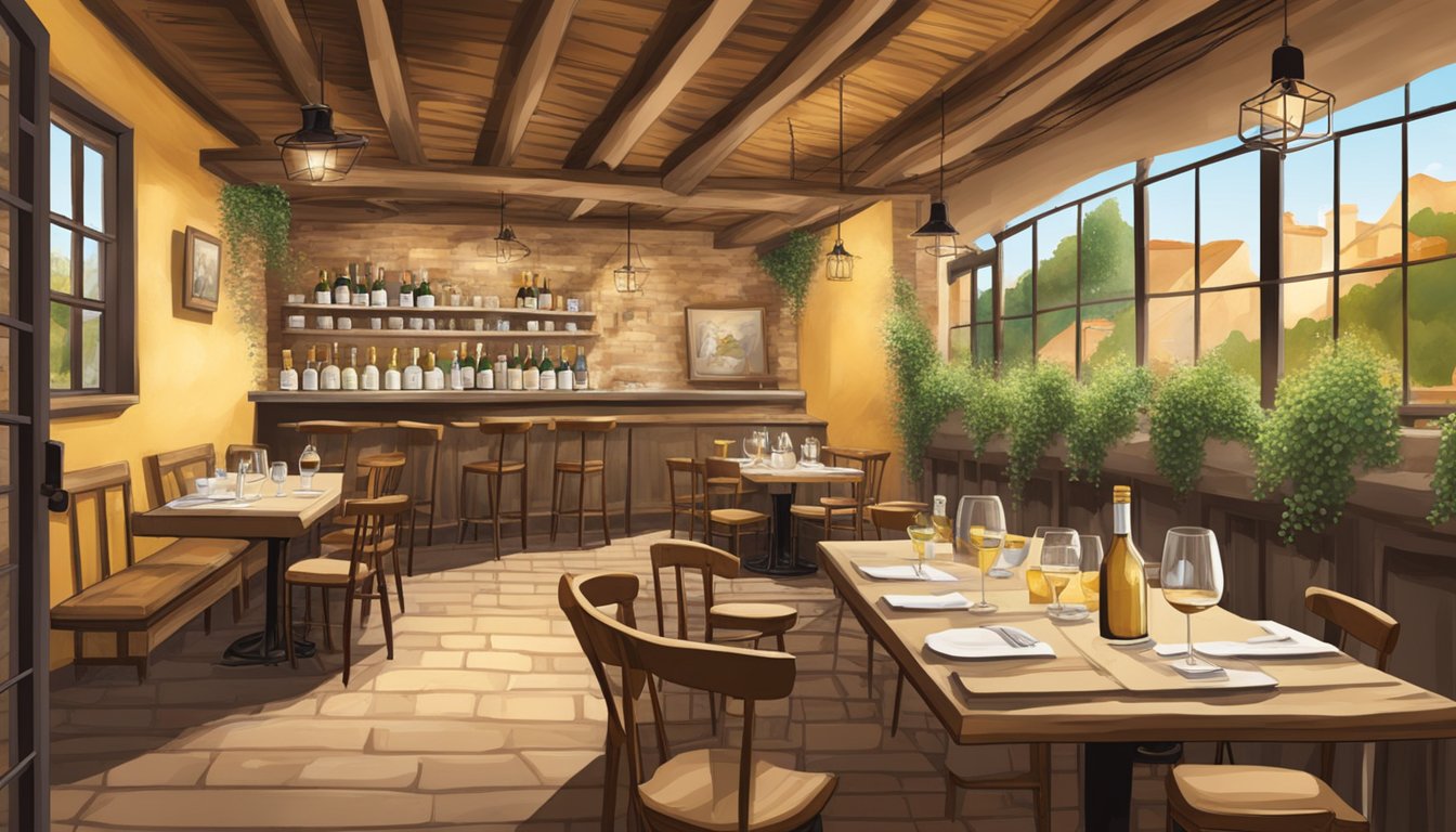 A cozy Italian restaurant with rustic decor, serving cacio e pepe. Wine bottles line the walls, and the aroma of freshly grated cheese fills the air