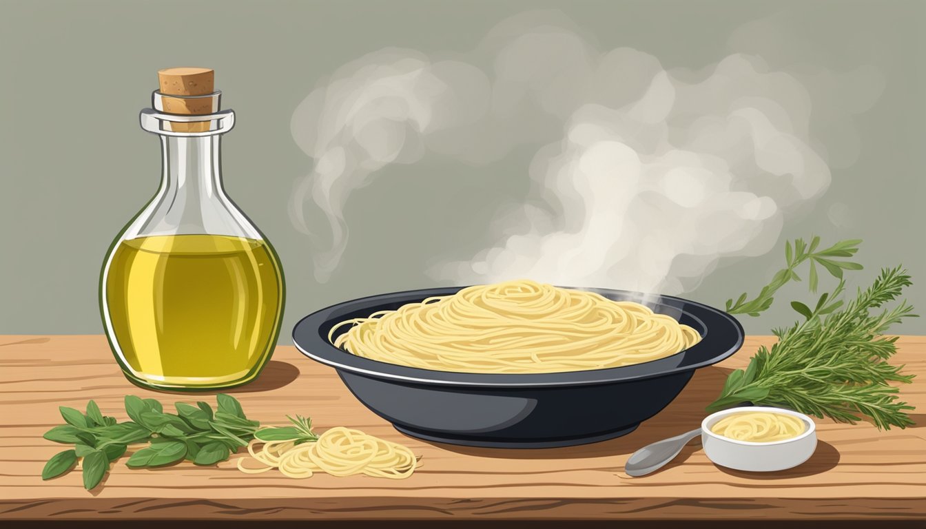 A steaming plate of cacio e pepe sits on a rustic wooden table, surrounded by fresh herbs and a bottle of olive oil