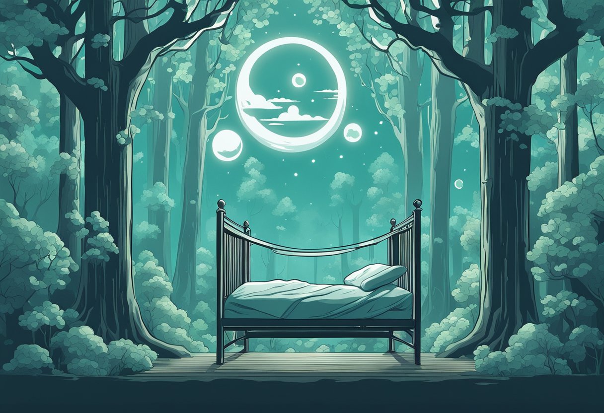 A serene forest with floating elemental symbols above a crib