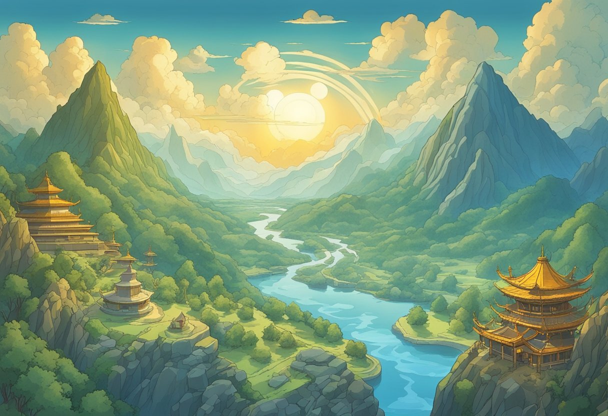 A serene landscape with elements of air, water, earth, and fire, symbolizing the four nations in "Avatar: The Last Airbender."