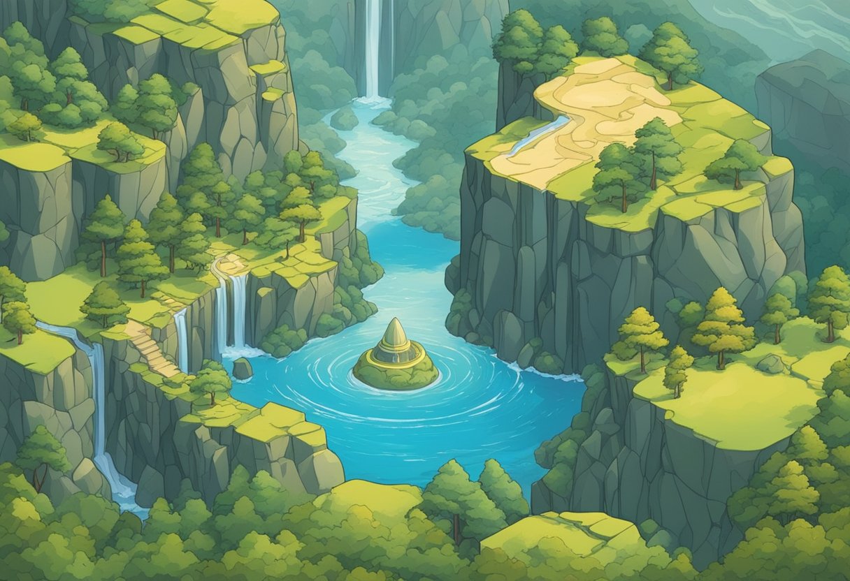 A serene landscape with elements of air, water, earth, and fire, representing the four nations from "Avatar: The Last Airbender."