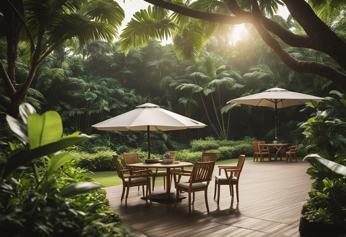 A cozy outdoor space with a wooden table, chairs, and a parasol set against a lush garden backdrop in Singapore