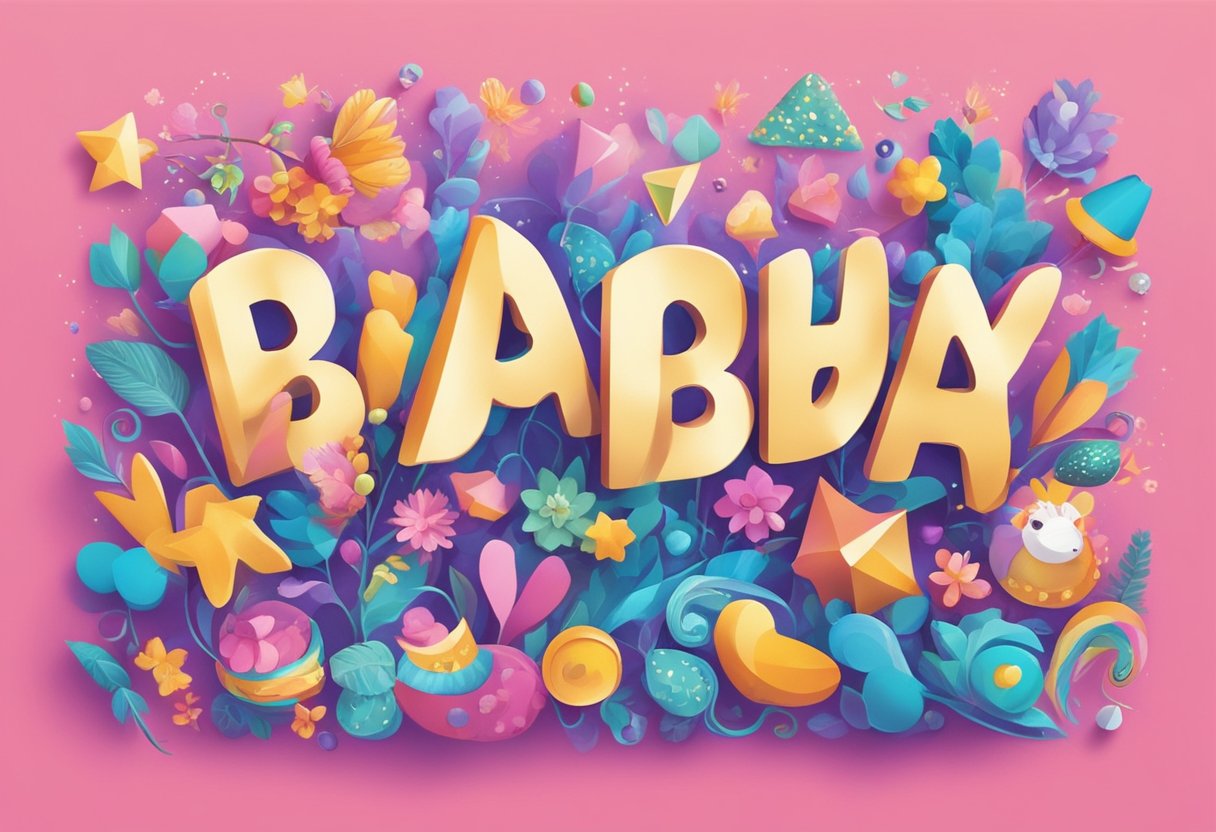 A colorful array of baby name options displayed on a vibrant backdrop, surrounded by playful and whimsical elements