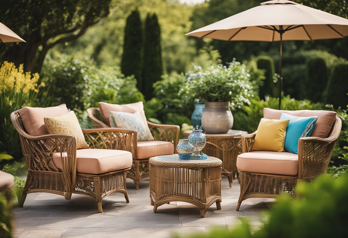 A variety of garden furniture, including tables, chairs, and loungers, is arranged in a lush outdoor setting. The furniture is made of wood, metal, and wicker, with colorful cushions and umbrellas adding a pop of color
