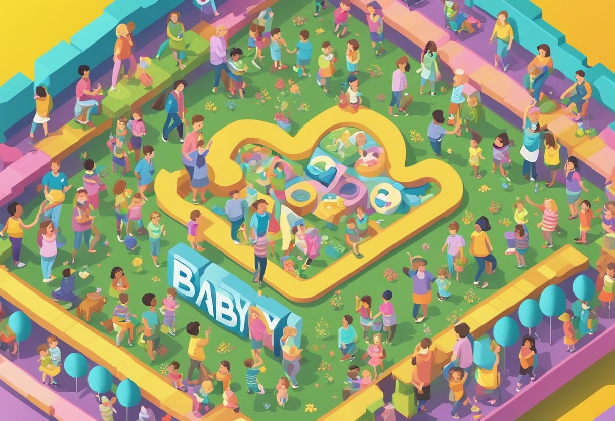 A colorful array of unique baby names displayed on a vibrant sign, surrounded by joyful parents and playful children