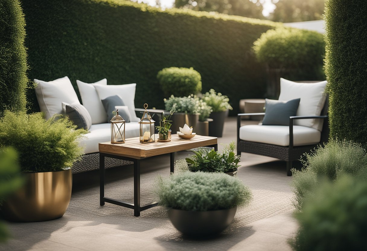 A luxurious garden setting with modern furniture, lush greenery, and elegant decor