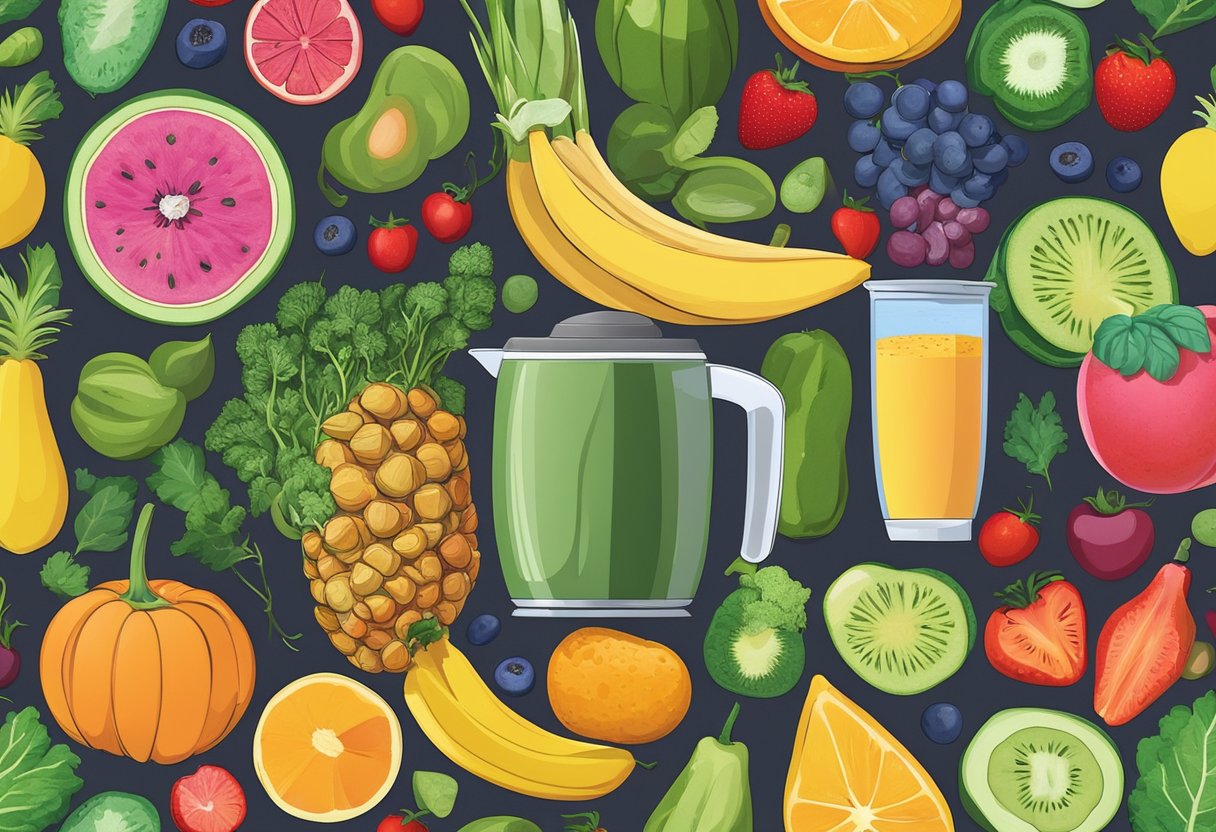 A colorful array of fresh fruits and vegetables, a blender, and a glass filled with a vibrant smoothie surrounded by a variety of nutritious ingredients