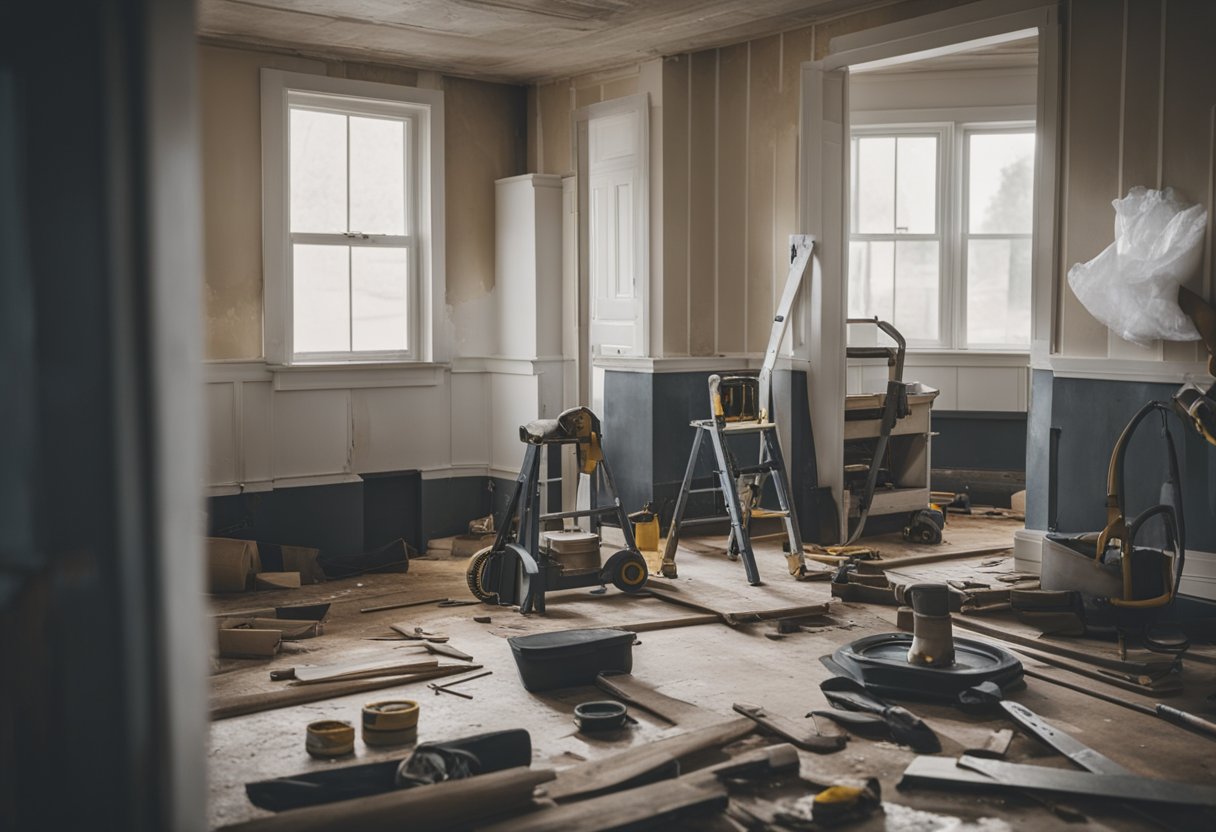 A house being renovated with tools, paint, and materials scattered around. Walls stripped bare, floors covered with protective sheets. Contractors working on different areas, measuring and hammering