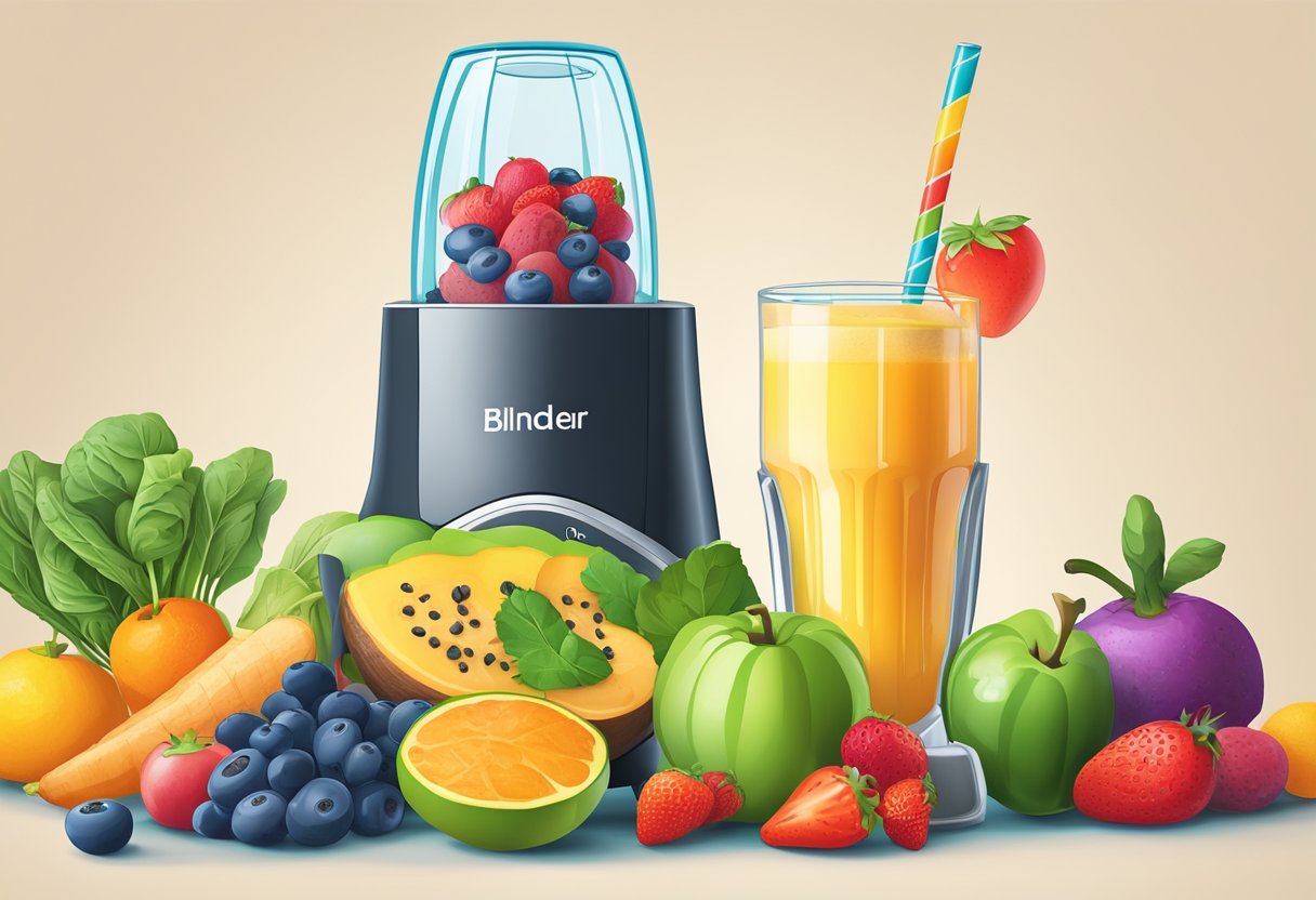 A colorful array of fresh fruits and vegetables, a blender, and a glass filled with a vibrant, nutrient-packed breakfast smoothie