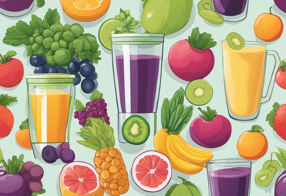 A colorful array of fresh fruits and vegetables, a blender filled with ingredients, and a glass of creamy, vibrant smoothie