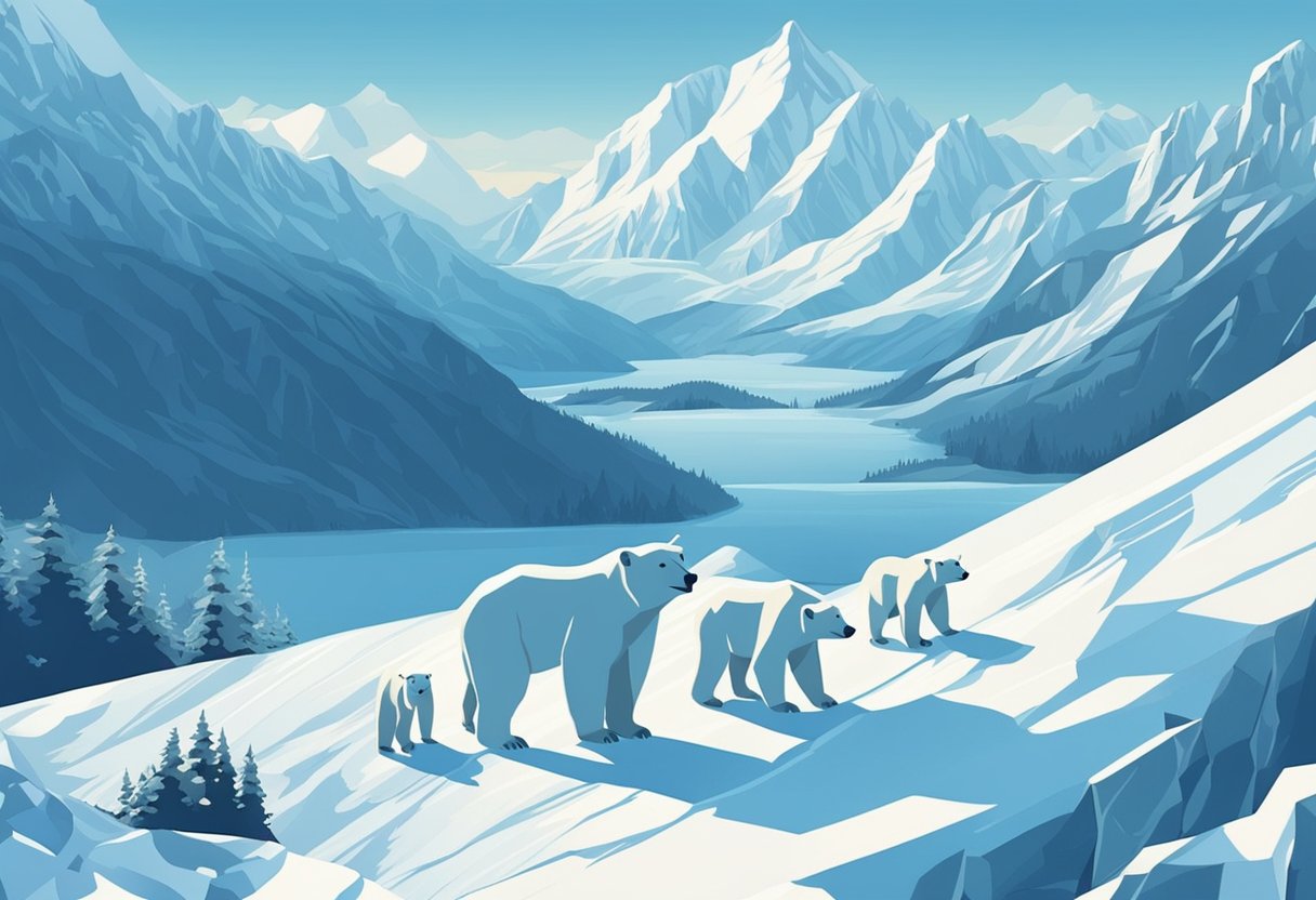 A snowy landscape with a polar bear and her cubs, surrounded by icy mountains and a clear blue sky