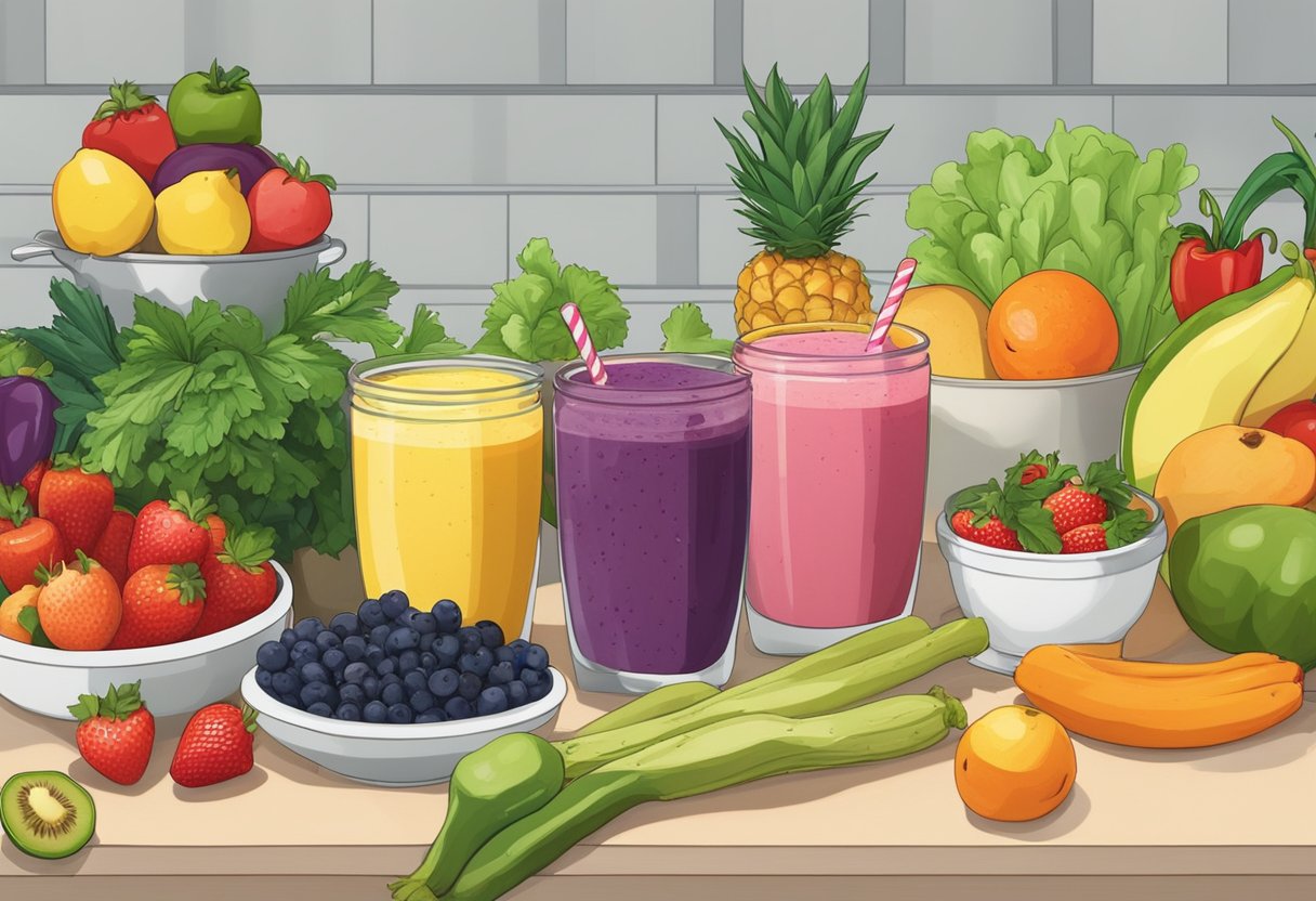 A colorful array of fresh fruits, vegetables, and superfoods spread out on a kitchen counter, ready to be blended into a nutritious and delicious smoothie