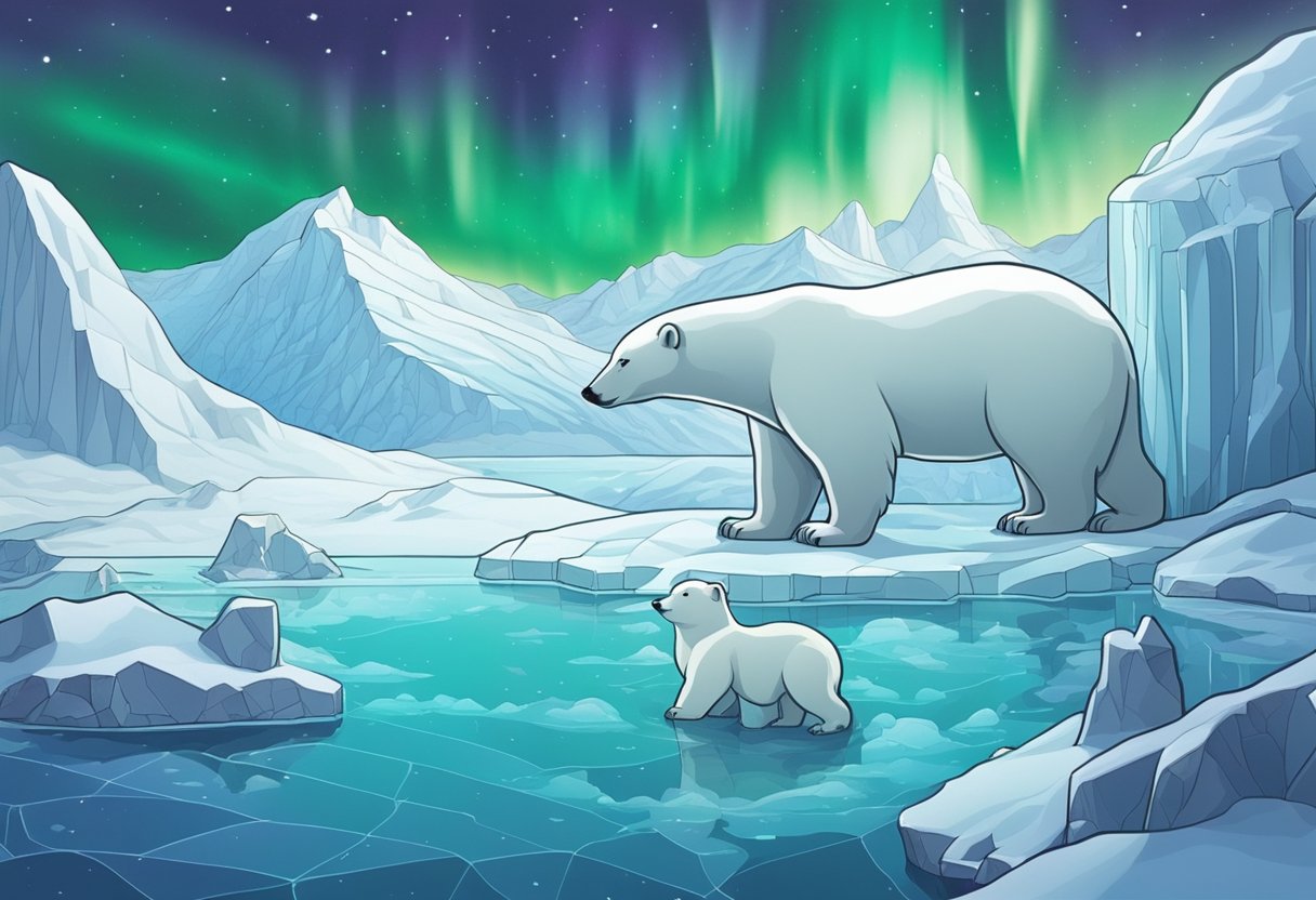 A snowy landscape with a polar bear and a baby seal, surrounded by icebergs and northern lights in the sky