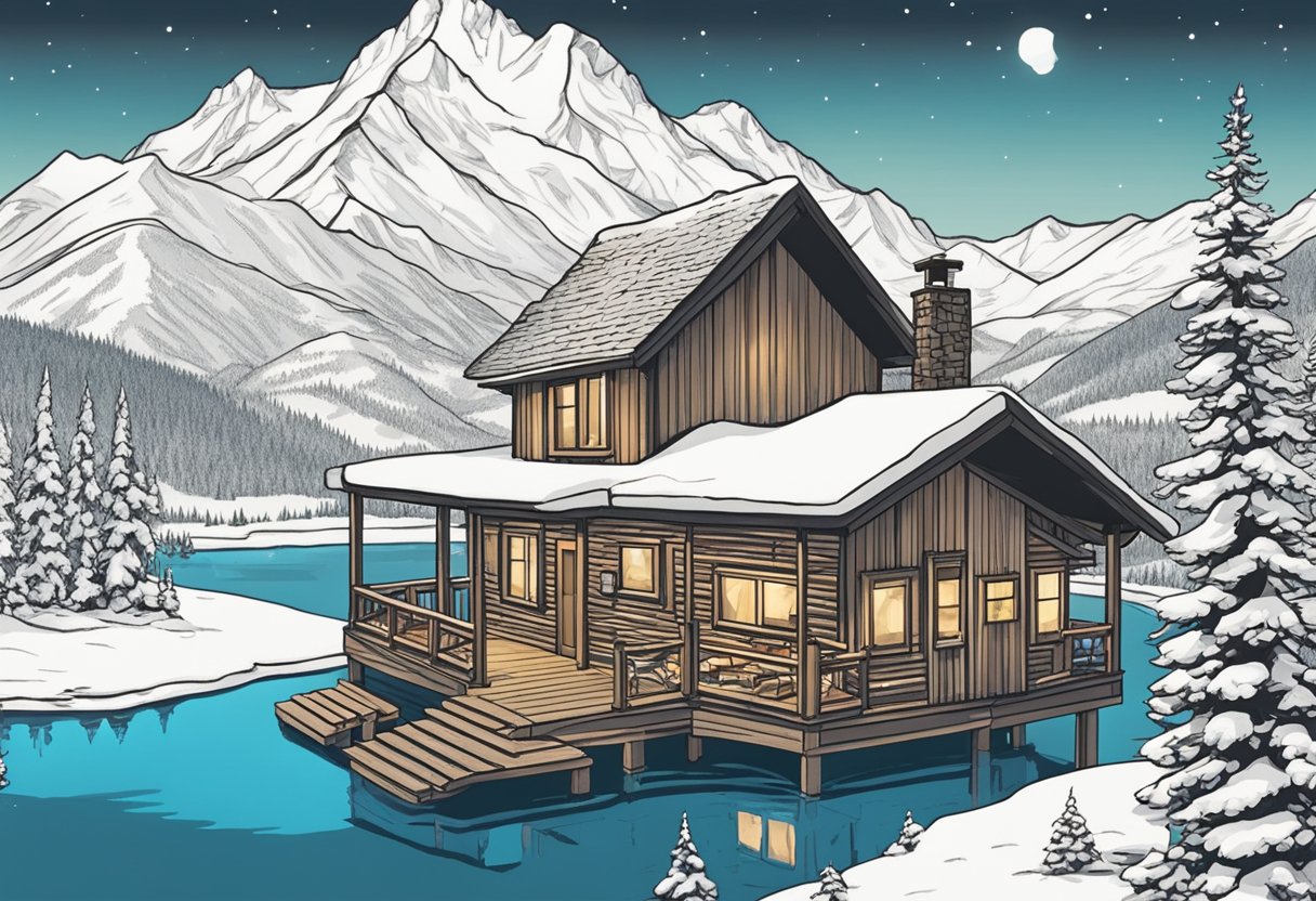 A cozy cabin in the Alaskan wilderness, surrounded by snow-capped mountains and a tranquil lake, with a warm fire burning inside