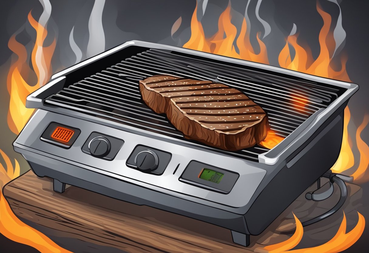 A sizzling steak sears on a hot grill, releasing a mouthwatering aroma. A thermometer checks for the perfect internal temperature