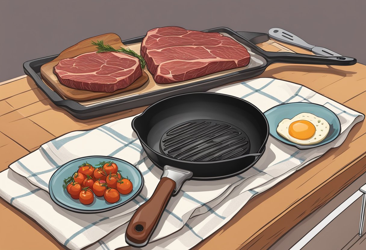 A kitchen counter with a cast iron skillet, tongs, meat thermometer, and a cutting board with a raw steak