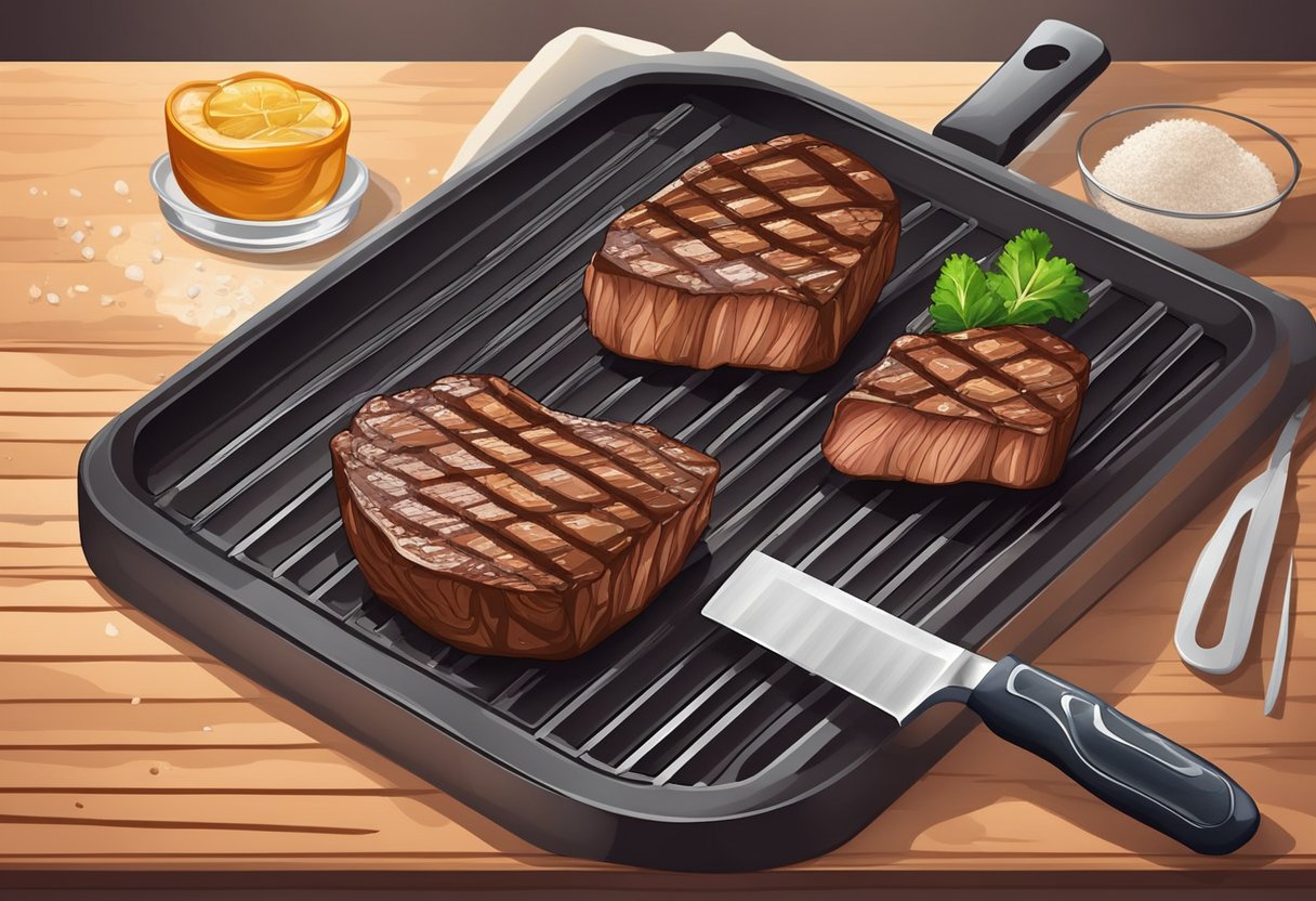 A sizzling steak on a hot grill, seasoned with salt and pepper. A chef's knife and cutting board nearby, ready to slice into the juicy, perfectly cooked meat