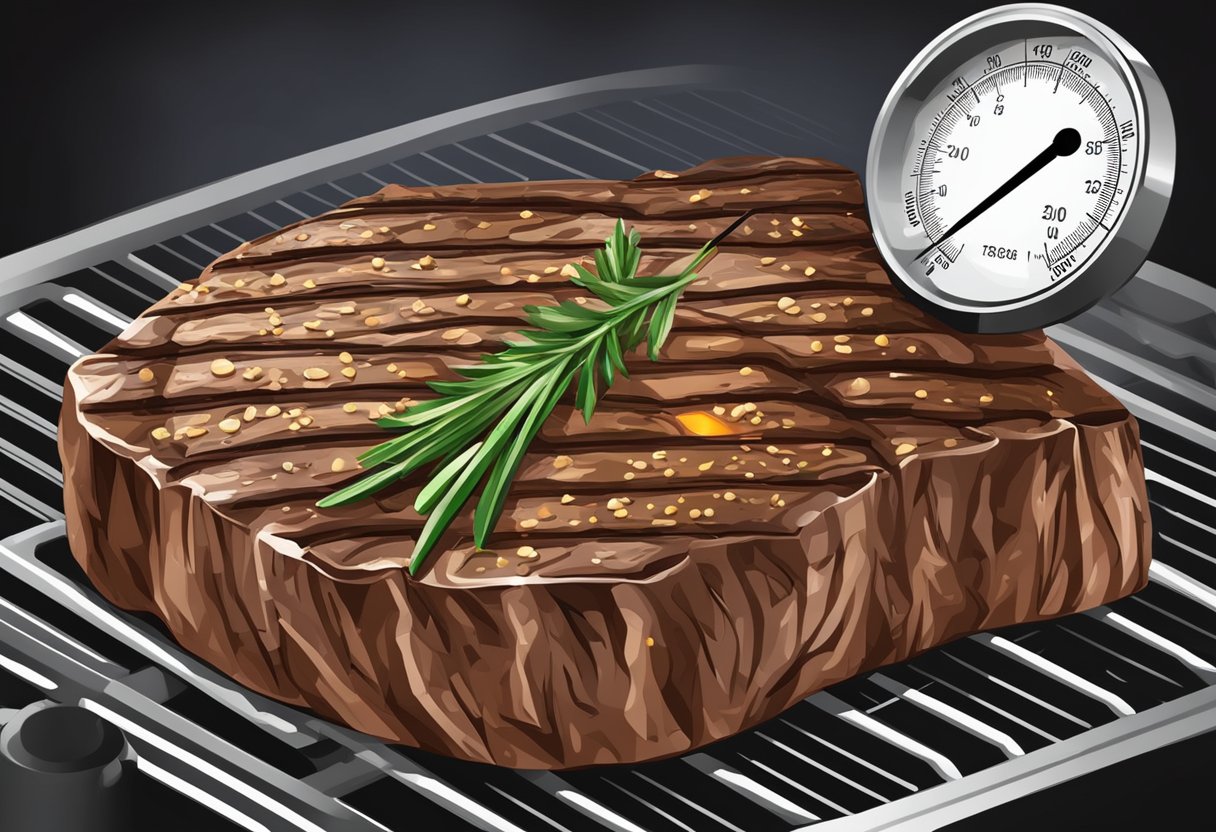 A steak sizzling on a hot grill, with grill marks forming as it cooks to perfection. A meat thermometer inserted to check for desired doneness