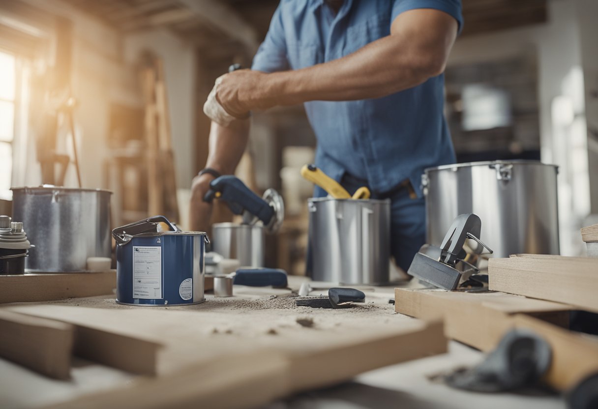 A house being renovated with tools, paint cans, and blueprints scattered around. A contractor measuring and workers busy with tasks