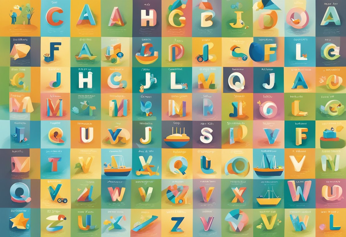 A colorful alphabet chart with various baby boy names in bold letters