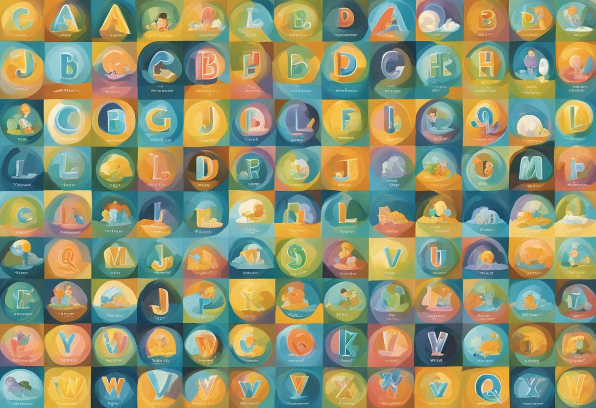 A colorful alphabet chart with various baby boy names arranged in alphabetical order