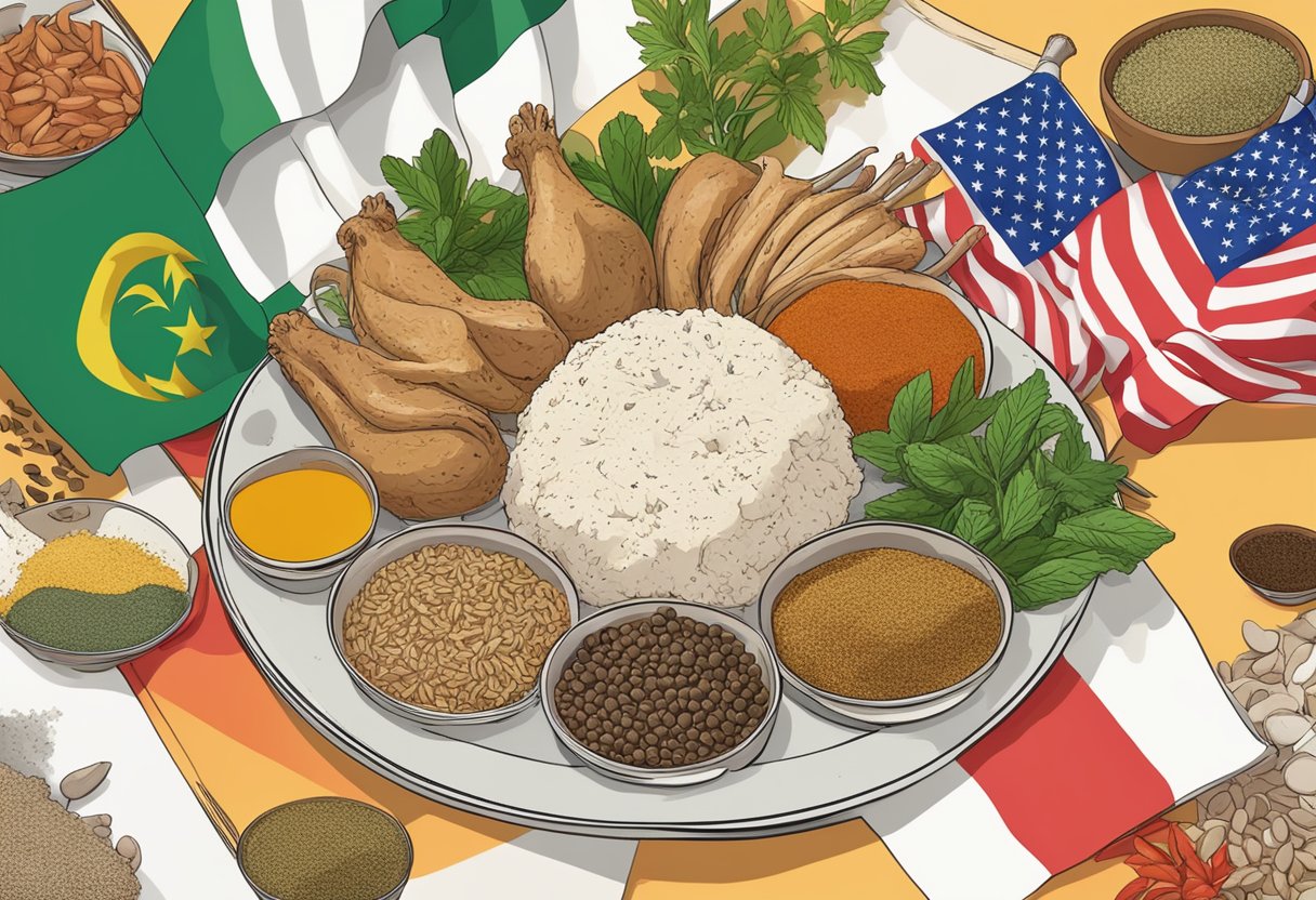 A colorful array of global spices and herbs surround a plate of leftover chicken, with various international flags in the background