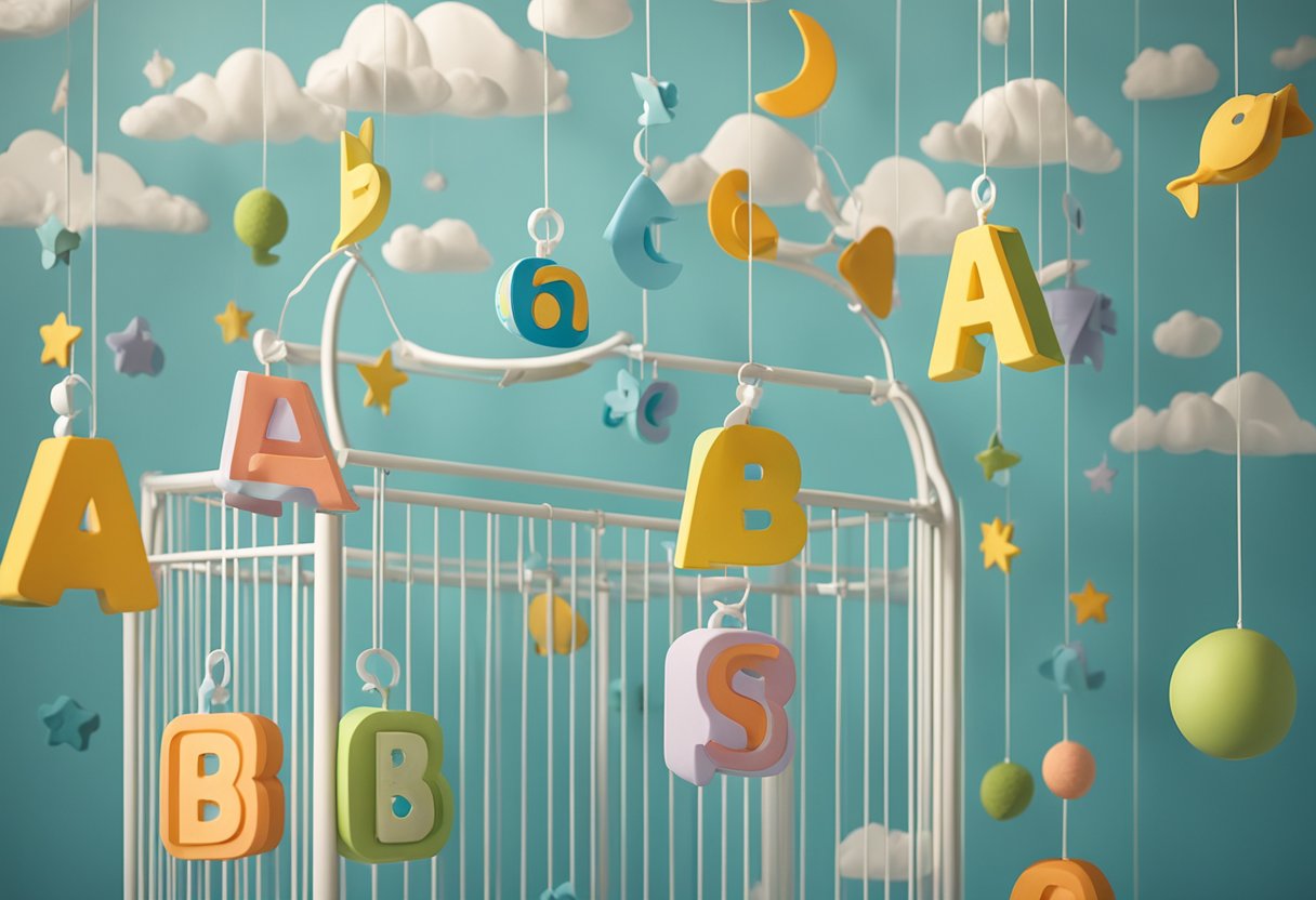 A colorful alphabet mobile hangs above a crib, with each letter representing a different baby boy name, creating a playful and educational atmosphere