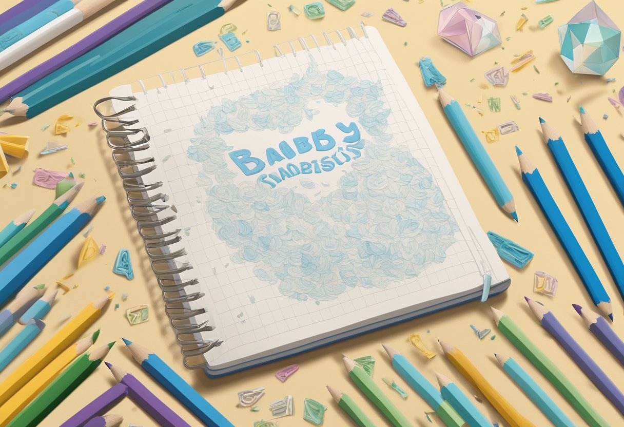 An open notebook with a list of baby boy names in alphabetical order, surrounded by scattered pencils and eraser shavings