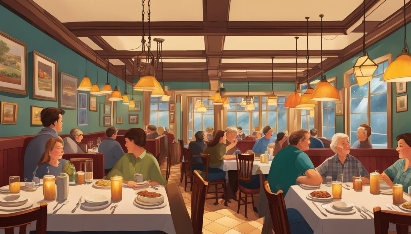 The Goldhill Family Restaurant bustles with diners enjoying hearty meals, while the warm glow of hanging lamps illuminates the cozy interior. Tables are set with red checkered tablecloths, and the aroma of home-cooked food fills the air