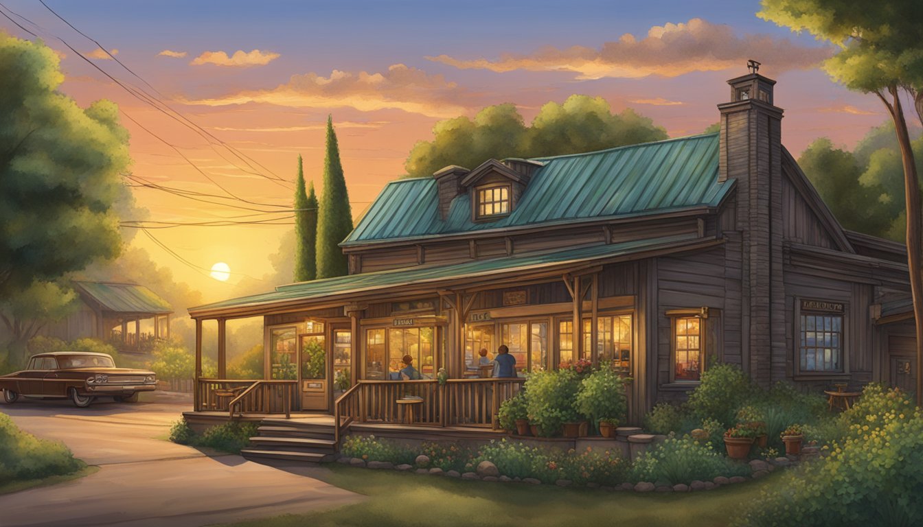 The sun sets behind the Goldhill Family Restaurant, casting a warm glow on the rustic building, surrounded by lush greenery. A sign proudly displays the restaurant's name, while the inviting aroma of home-cooked meals wafts through the air