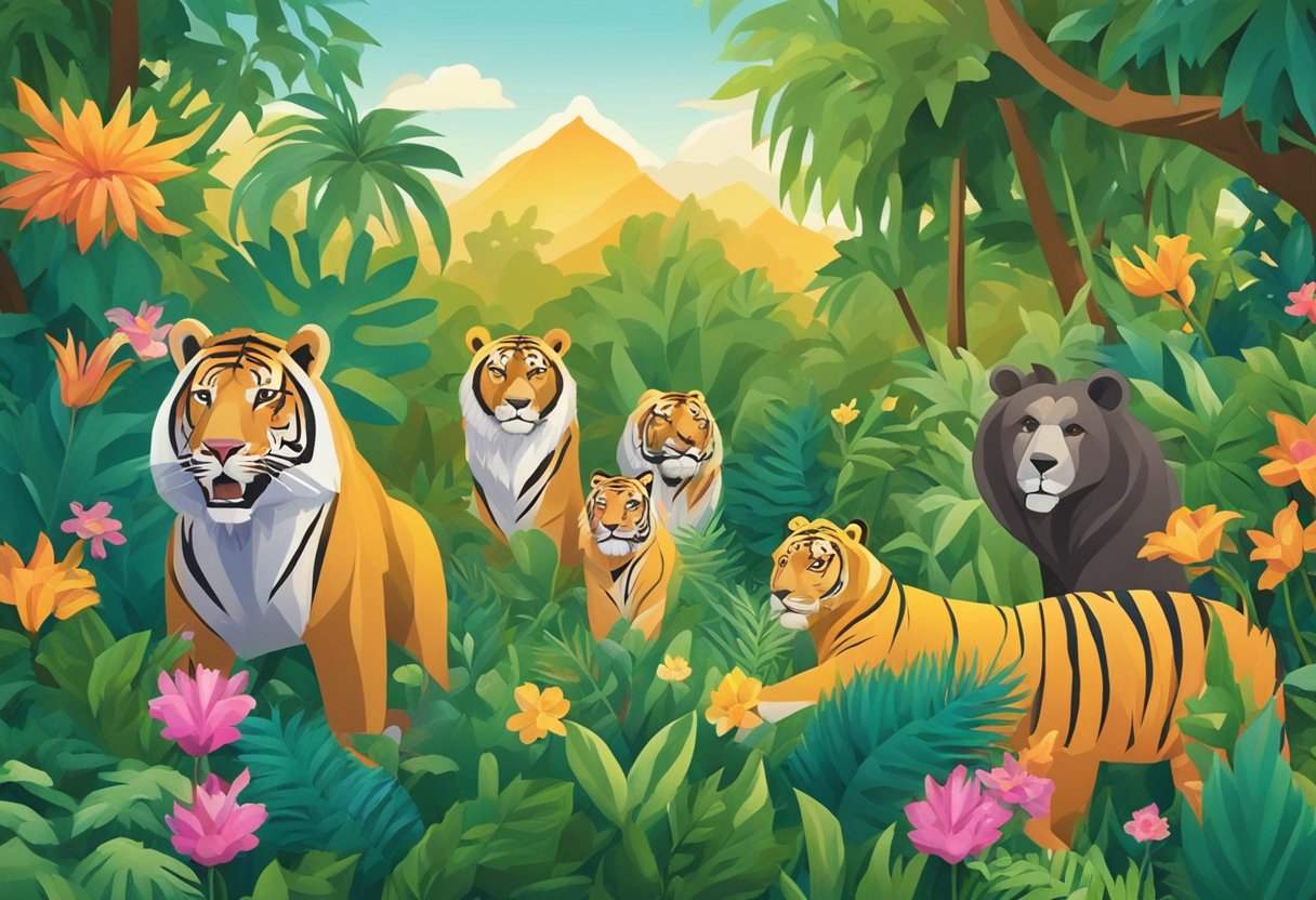 A group of playful animals, including lions, tigers, and bears, romp through a lush jungle setting, surrounded by vibrant foliage and colorful flowers