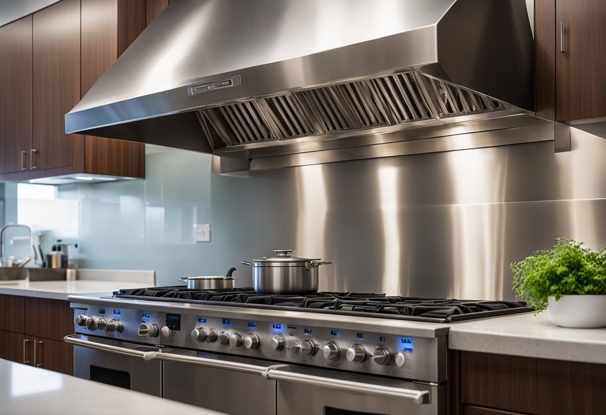 A stainless steel kitchen hood vents steam and smoke from a stovetop, with ductwork leading to an external exhaust fan