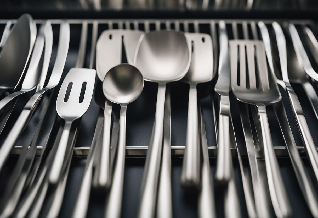 A modern kitchen steel rack with clean lines and geometric shapes, holding various cookware and utensils in an organized and stylish manner