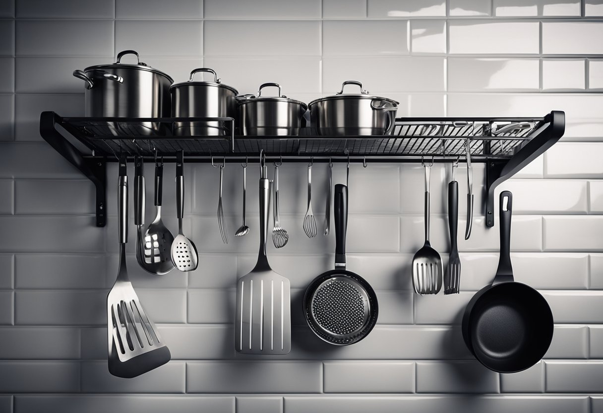 A sleek steel kitchen rack hangs on the wall, showcasing innovative design with adjustable shelves and hooks for utensils