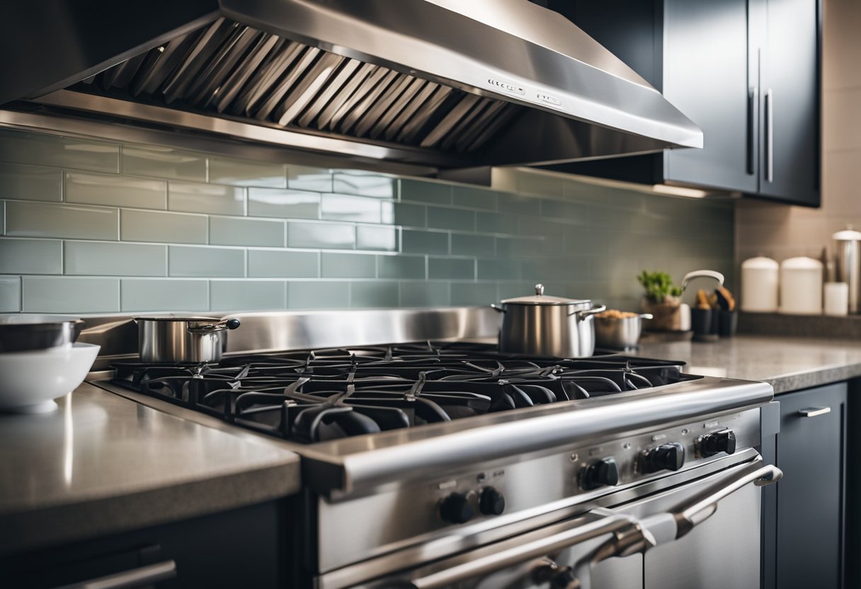 A kitchen ventilation system expels steam and odors, with a duct leading outside. It includes a range hood and exhaust fan, ensuring proper air circulation