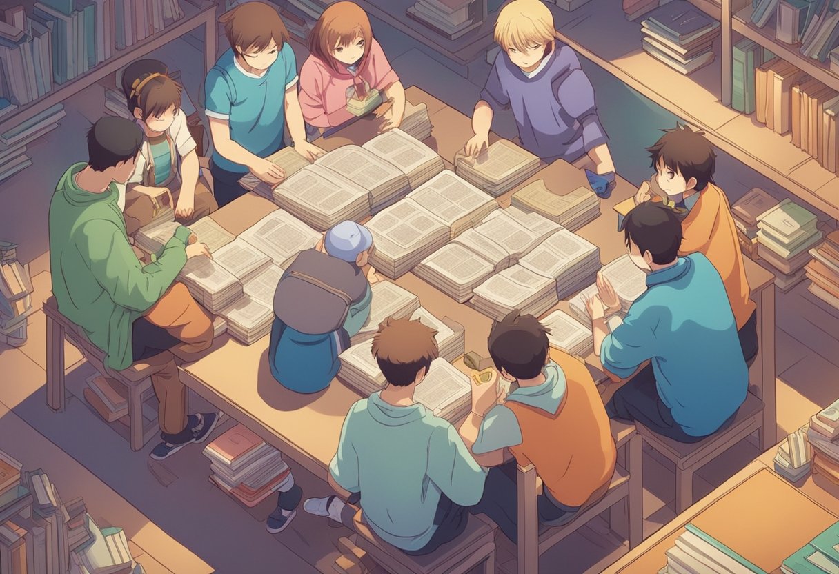 A group of colorful anime characters gather around a table covered in baby name books, excitedly discussing and choosing names for a new arrival