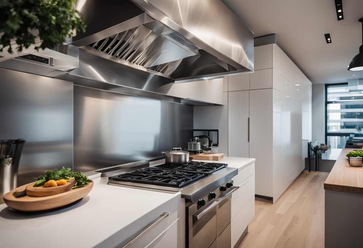 A modern kitchen with a sleek ventilation system above a cooking area, featuring ductwork and a powerful exhaust fan