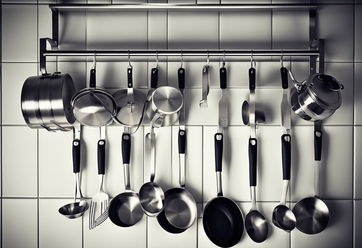 A stainless steel kitchen rack holds pots, pans, and utensils. It is mounted on the wall with sturdy brackets. The design is sleek and practical, with easy access for maintenance