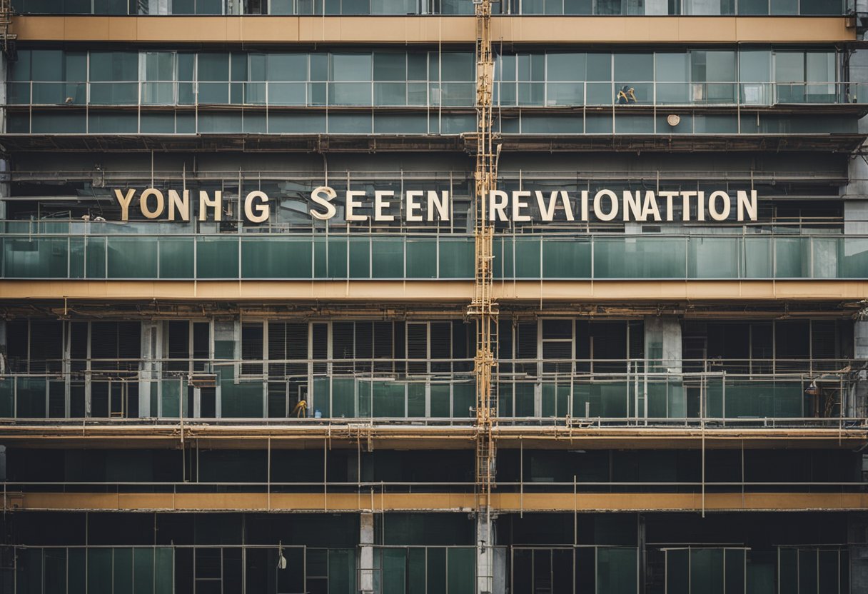 A construction site with tools, materials, and a sign reading "Yong Hong Seng Renovation Contractor" on a building facade