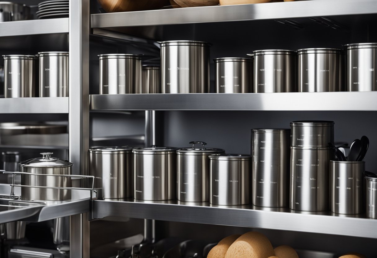 A sleek stainless steel rack holds neatly organized kitchen items, with labeled sections for easy access