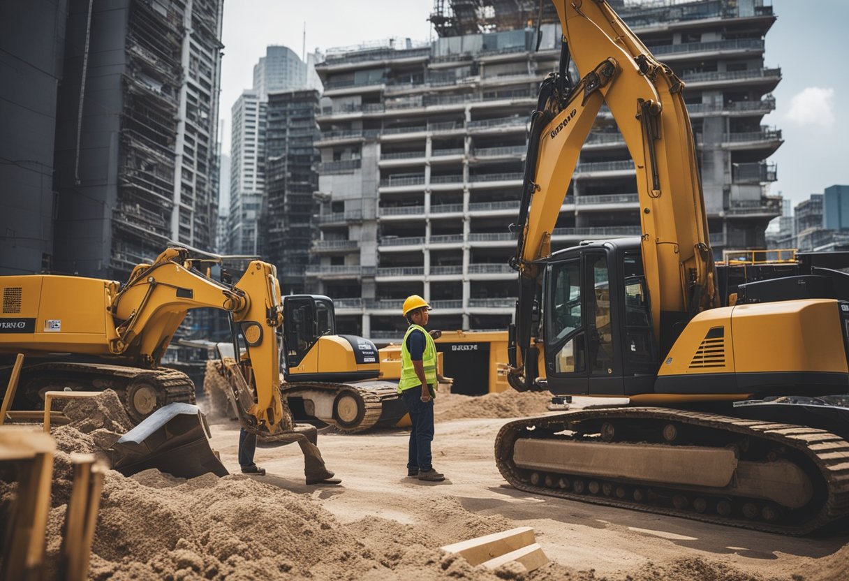 A bustling construction site with workers in hard hats and heavy machinery renovating buildings for Yong Hong Seng Renovation Contractor