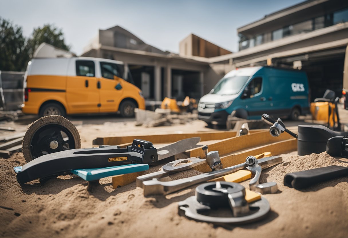 A construction site with various tools, equipment, and materials scattered around. A contractor's van parked nearby, with the company logo prominently displayed