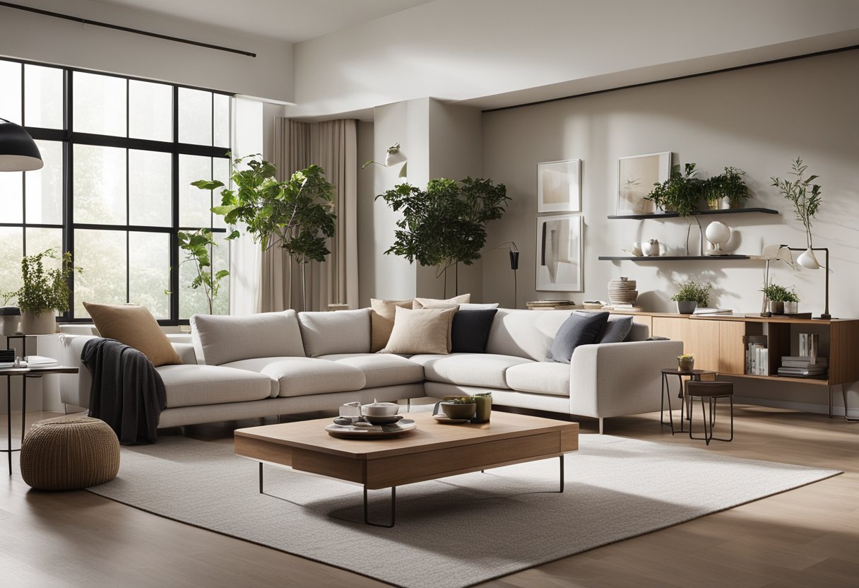 A modern living room with sleek furniture, clean lines, and a neutral color palette. The space is well-lit with natural light streaming in through large windows, creating a warm and inviting atmosphere