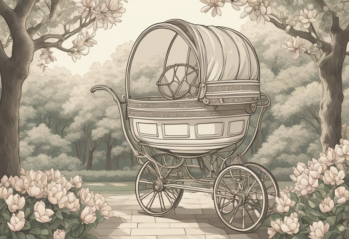 A charming vintage baby carriage sits beneath a blooming magnolia tree, surrounded by delicate southern flowers and trailing vines