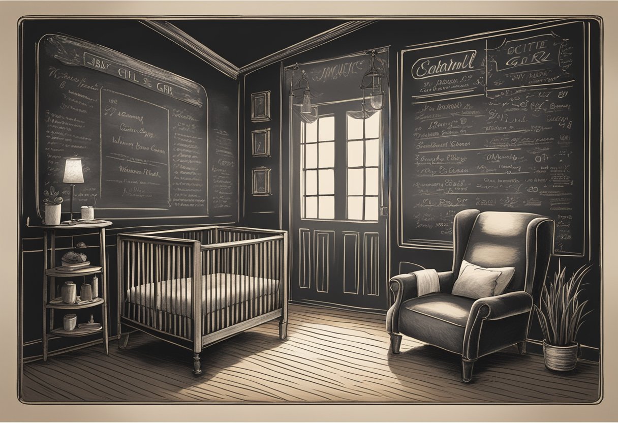 A rustic, cozy room with a vintage chalkboard displaying a list of charming, southern baby girl names. A warm, inviting atmosphere with soft lighting and a comfortable chair for inspiration